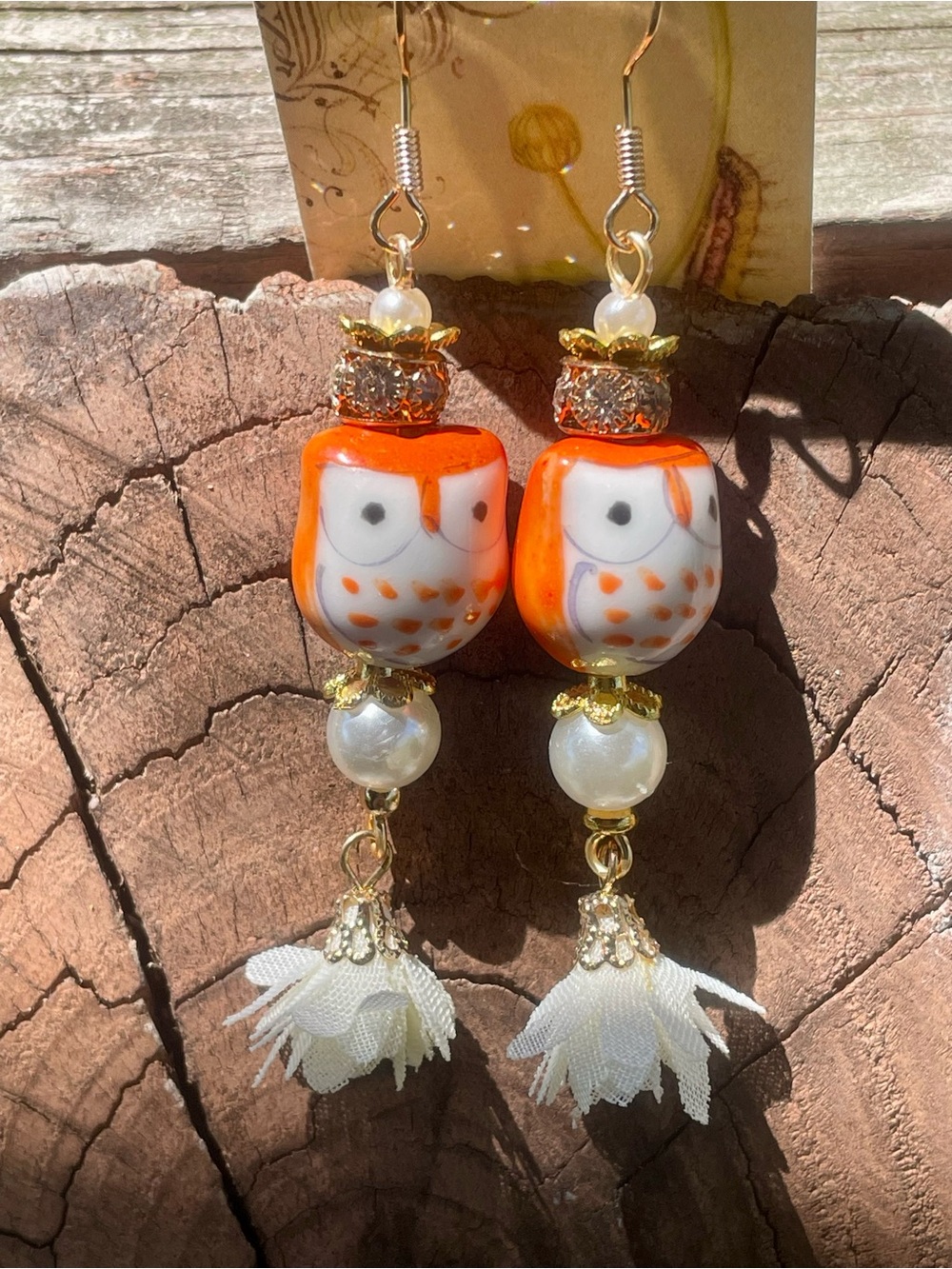 Handcrafted Orange and White Owl Drop Earrings